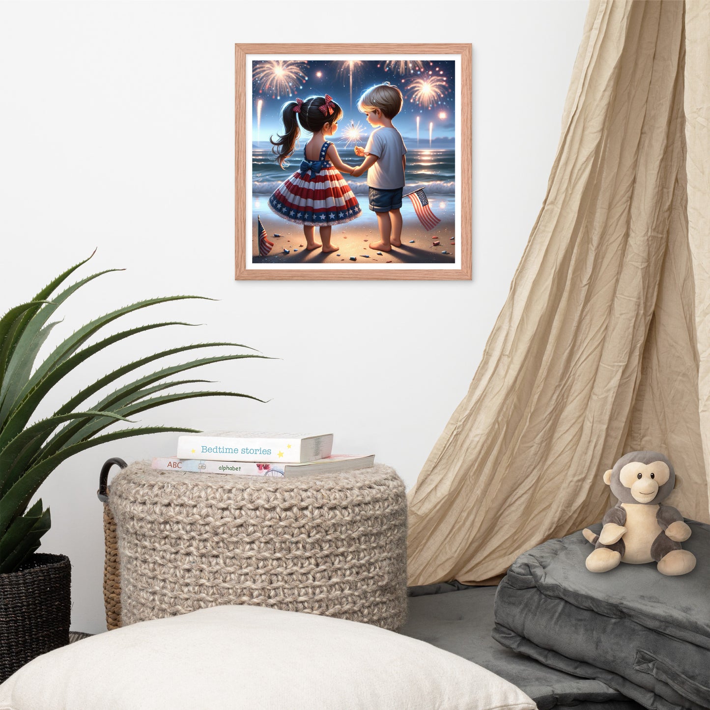 Kiddos Mesmerized by Fireworks Over the Water Framed Poster - Just The Fly Way
