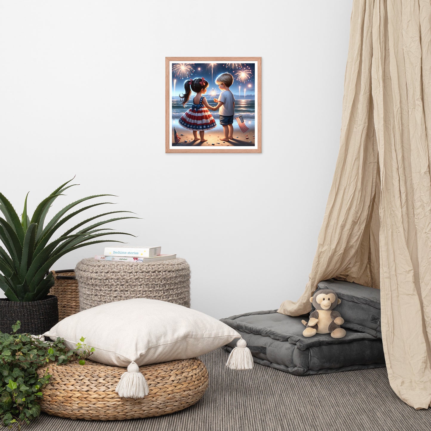 Kiddos Mesmerized by Fireworks Over the Water Framed Poster - Just The Fly Way