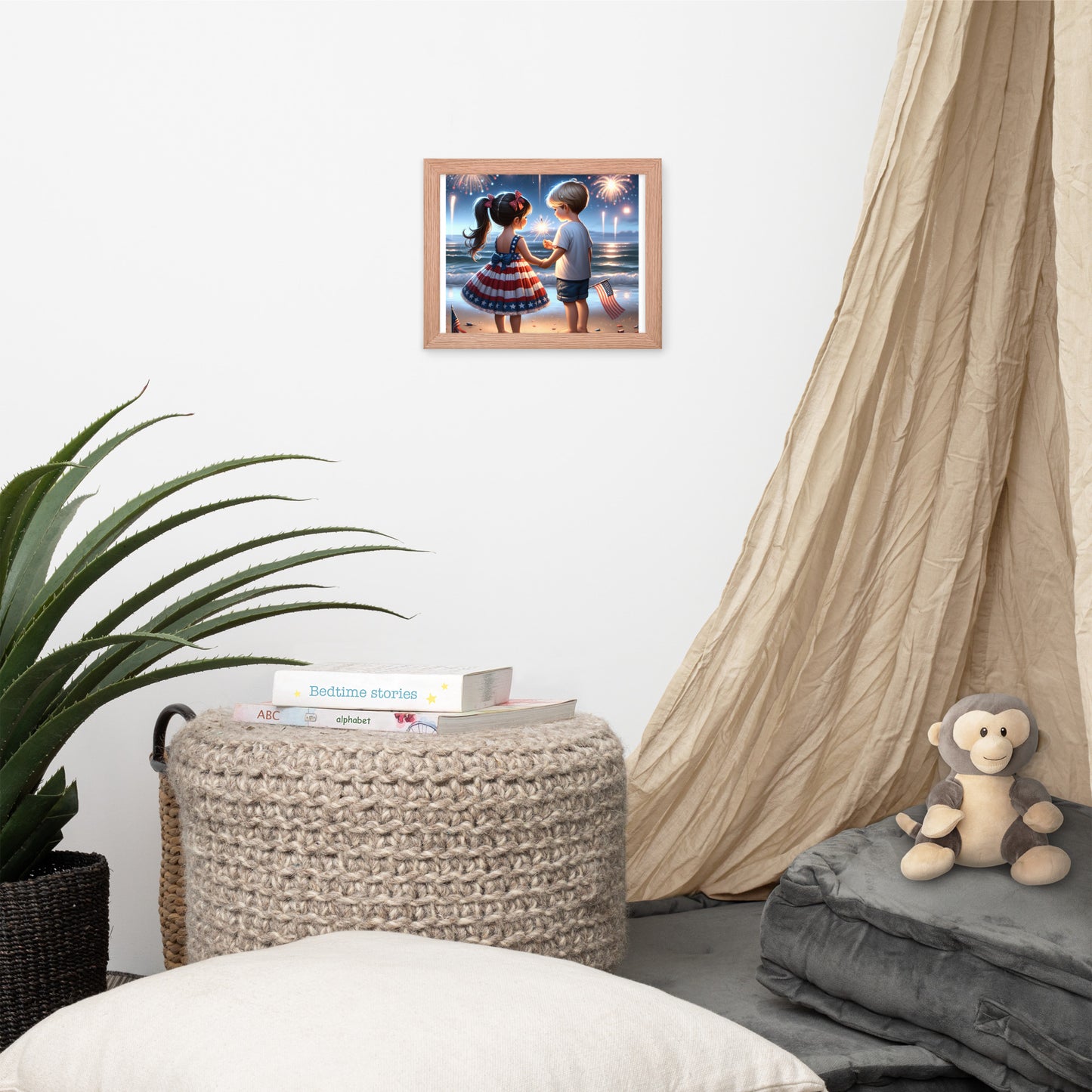 Kiddos Mesmerized by Fireworks Over the Water Framed Poster - Just The Fly Way