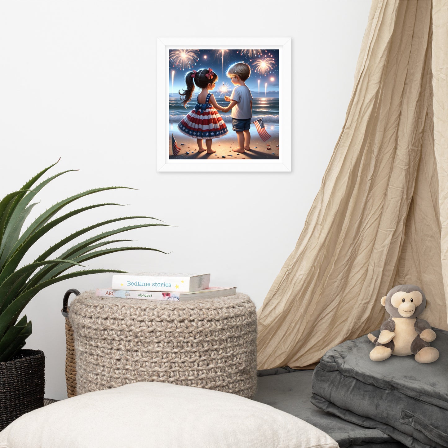 Kiddos Mesmerized by Fireworks Over the Water Framed Poster - Just The Fly Way