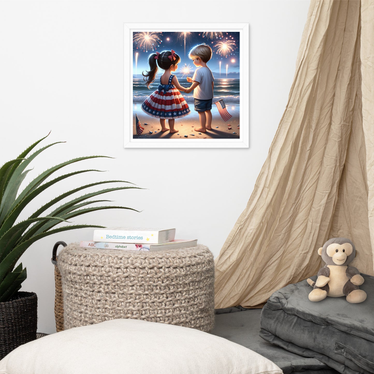 Kiddos Mesmerized by Fireworks Over the Water Framed Poster - Just The Fly Way