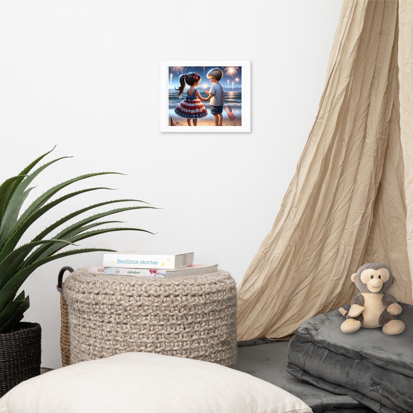 Kiddos Mesmerized by Fireworks Over the Water Framed Poster - Just The Fly Way