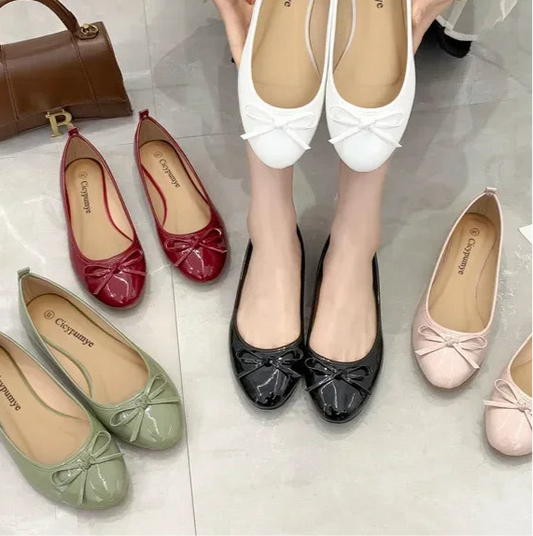 Ladies Classic Patent Leather Ballet Flat Shoes With Bowknot Design - Just The Fly Way