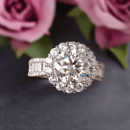 Moissanite Flower Halo Ring for Women - 3CT 925 Sterling Silver Wedding Band, GRA Certified Gift - Just The Fly Way