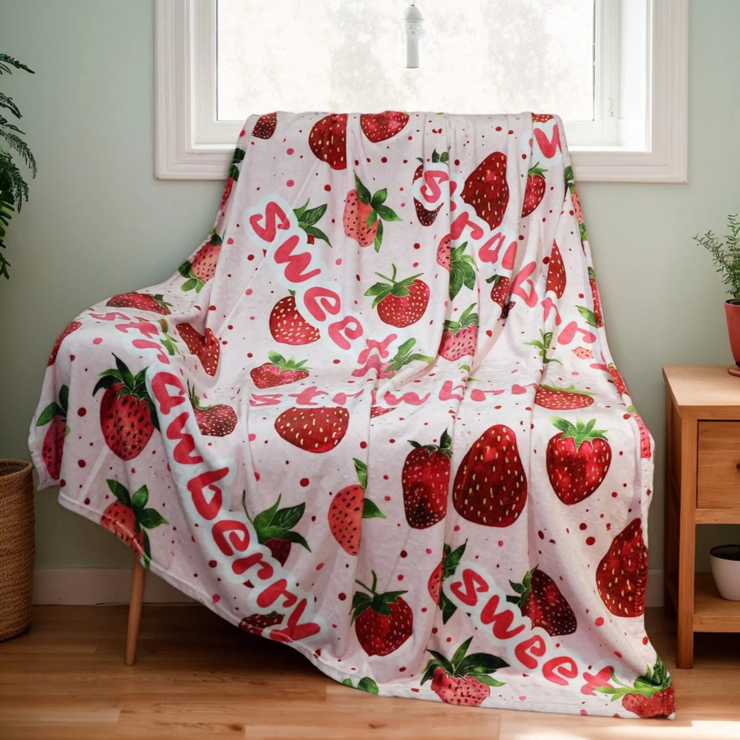 Kawaii Strawberry Blanket – Adorable Pink Flannel Throw for Bed or Sofa, Soft Cozy Blanket Gift for Teens, Girls, or Strawberry - Just The Fly Way