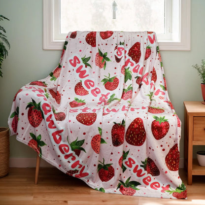 Kawaii Strawberry Blanket – Adorable Pink Flannel Throw for Bed or Sofa, Soft Cozy Blanket Gift for Teens, Girls, or Strawberry - Just The Fly Way