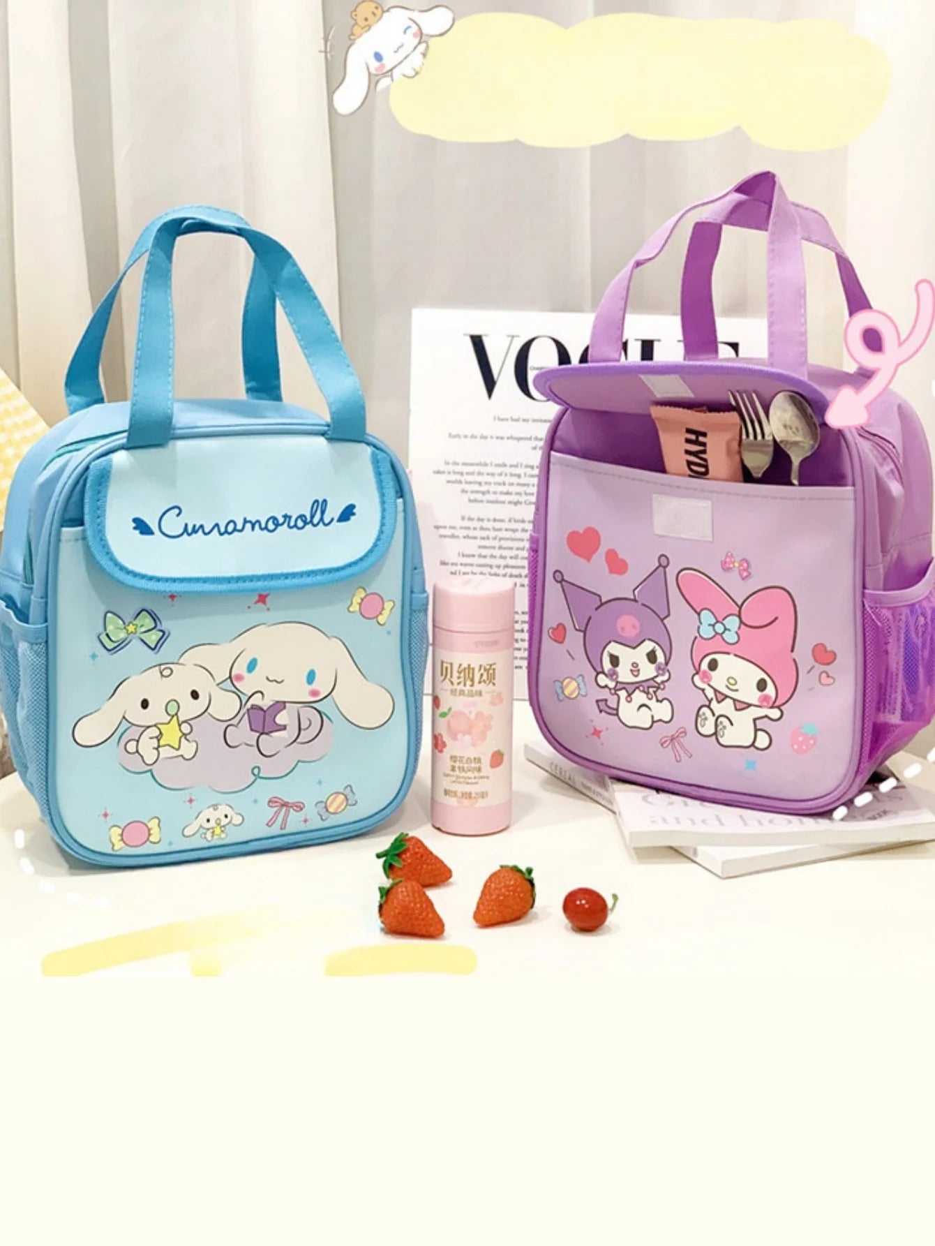 1pc Insulated Fashionable Portable Lunch Bag Cute Cartoon HelloKitty Kuromi Cinnamoroll Design Reusable Lunch Box
