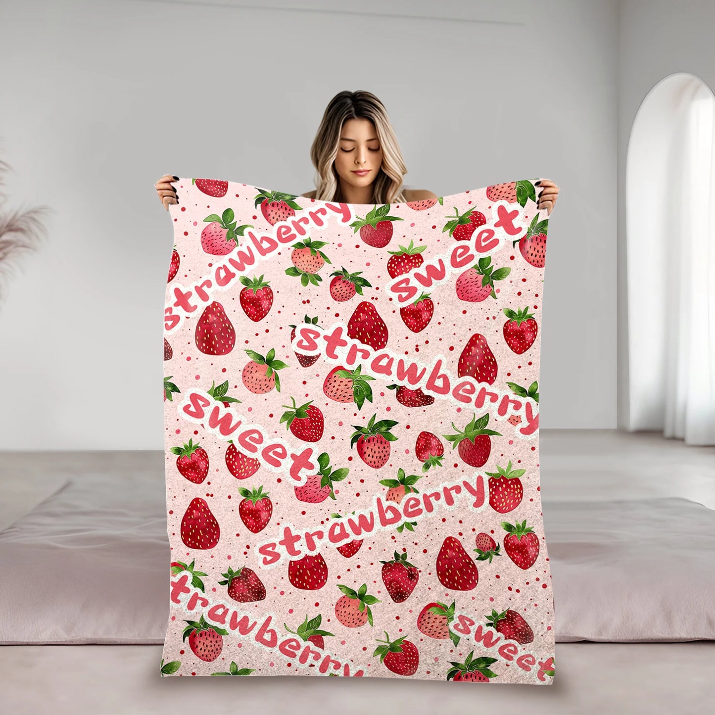 Kawaii Strawberry Blanket – Adorable Pink Flannel Throw for Bed or Sofa, Soft Cozy Blanket Gift for Teens, Girls, or Strawberry - Just The Fly Way