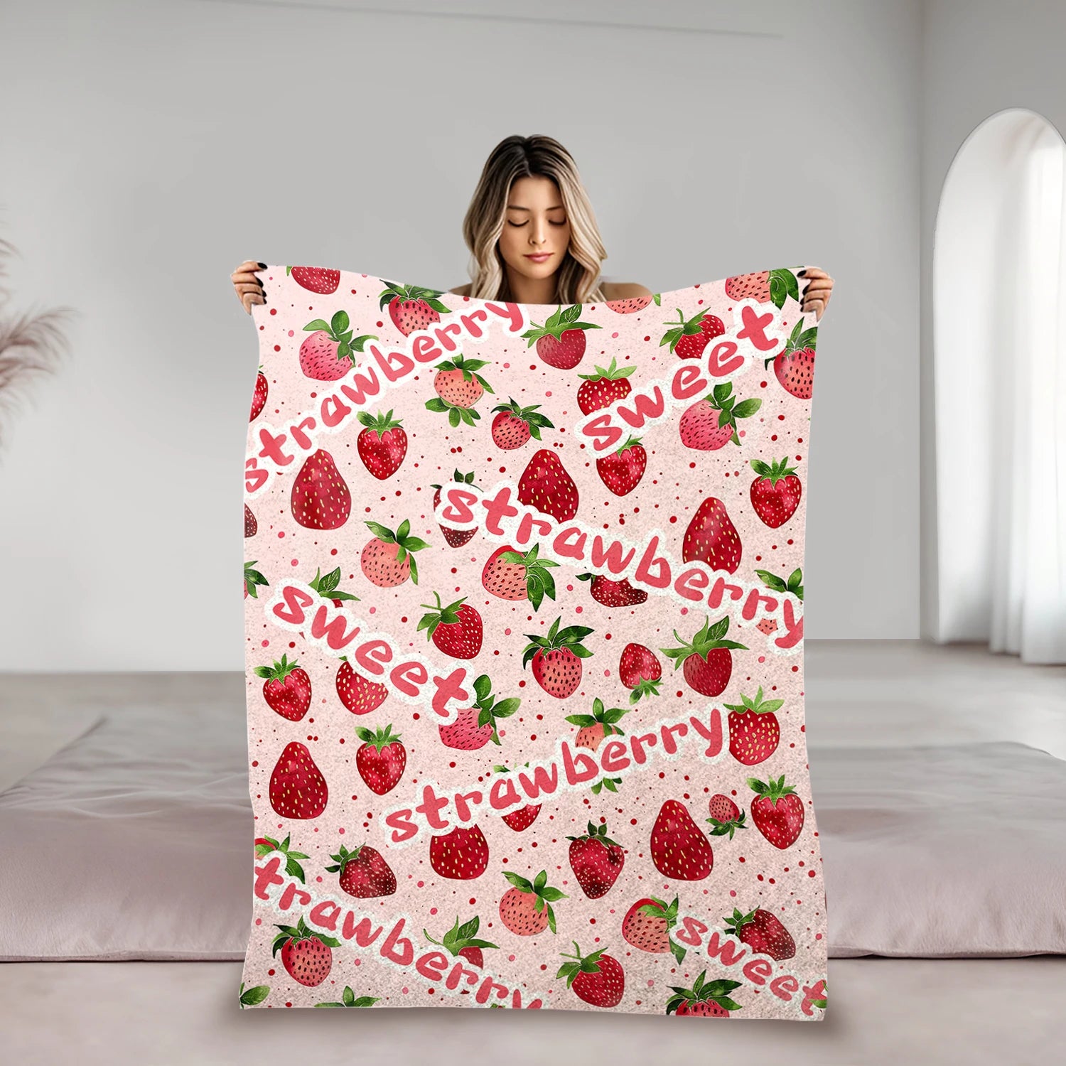 Kawaii Strawberry Blanket – Adorable Pink Flannel Throw for Bed or Sofa, Soft Cozy Blanket Gift for Teens, Girls, or Strawberry - Just The Fly Way