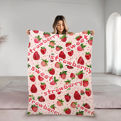 Kawaii Strawberry Blanket – Adorable Pink Flannel Throw for Bed or Sofa, Soft Cozy Blanket Gift for Teens, Girls, or Strawberry - Just The Fly Way