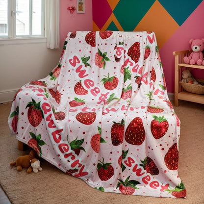 Cute Farmhouse-Strawberry Fleece Style Blanket – Pink Fluffy Throw for The Bed or Sofa - Just The Fly Way