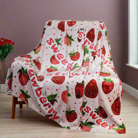Cute Farmhouse-Strawberry Fleece Style Blanket – Pink Fluffy Throw for The Bed or Sofa - Just The Fly Way
