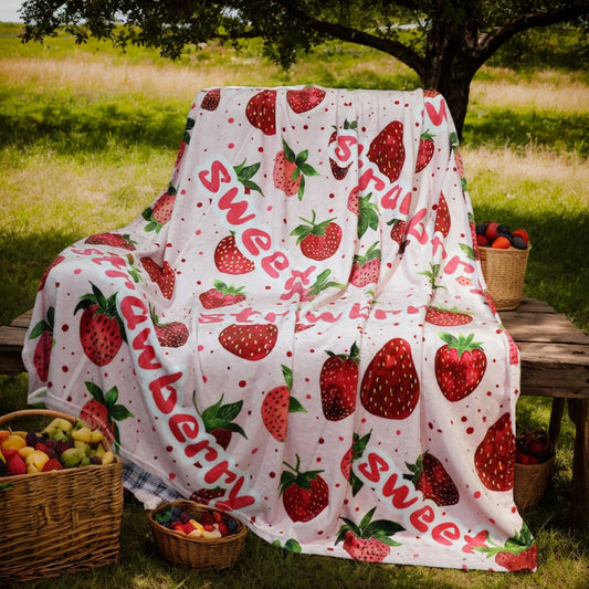 Kawaii Strawberry Blanket – Adorable Pink Flannel Throw for Bed or Sofa, Soft Cozy Blanket Gift for Teens, Girls, or Strawberry - Just The Fly Way