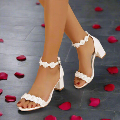 Elegant Chunky Heel Women's Sandals with Faux Pearl and Flower Decorations, Ankle Strap, Round Toe - Just The Fly Way