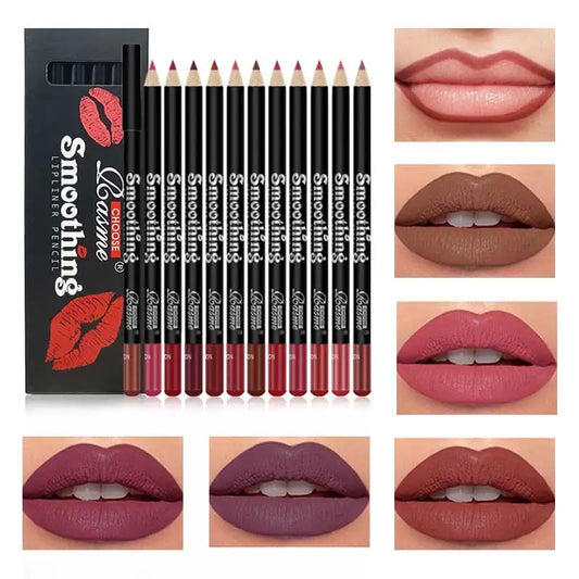 Fashionable, Bold and Beautiful Dress12 Colors Lip Liner Pen Set Fashion Black Rod Waterproof Non-stick Cup Easy To Color Lipstick Pen Makeu