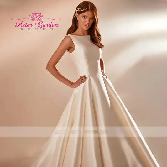 Aster Garden: Glamorous Backless Beaded A-Line Wedding Dress Sleeveless Satin Princess Bridal Gown