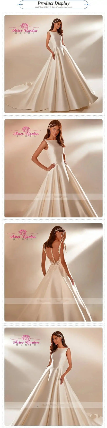 Aster Garden: Glamorous Backless Beaded A-Line Wedding Dress Sleeveless Satin Princess Bridal Gown