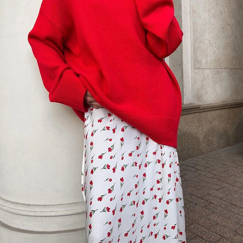 Skirts for Women Floral Printed Casual Elegant 2024 Spring Summer White Temperament Satin A-line Maxi Skirt Womans - Just The Fly Way