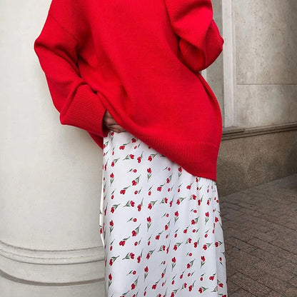 Skirts for Women Floral Printed Casual Elegant 2024 Spring Summer White Temperament Satin A-line Maxi Skirt Womans - Just The Fly Way