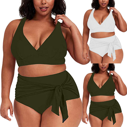 2023 Womens Swimwear High Waist Bikini Solid Color Plus Size Big Breast Swimsuit Strappy Bather Swimming Wear Bathing Suit - Just The Fly Way