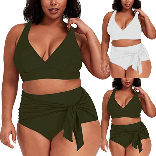 2023 Womens Swimwear High Waist Bikini Solid Color Plus Size Big Breast Swimsuit Strappy Bather Swimming Wear Bathing Suit - Just The Fly Way