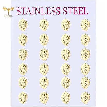 12 Pairs Lot Fruit Earrings Golden Strawberry Design Stud Earring Set Surgical Steel Children Girls Ear Jewelry Accessory Resale - Just The Fly Way