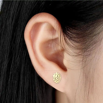 12 Pairs Lot Fruit Earrings Golden Strawberry Design Stud Earring Set Surgical Steel Children Girls Ear Jewelry Accessory Resale - Just The Fly Way