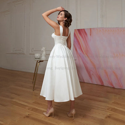 Short Wedding Dress Customized Civil  Dresses Sexy Sweetheart Simple Bridal Gowns Mid-Calf Satin Bride Dresses Backless