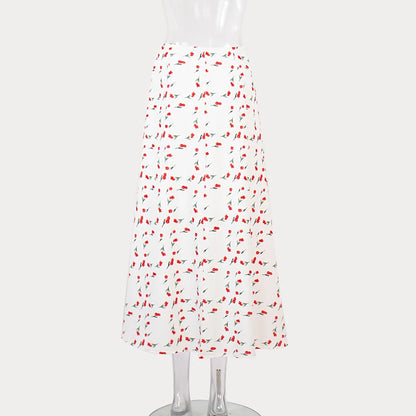 Skirts for Women Floral Printed Casual Elegant 2024 Spring Summer White Temperament Satin A-line Maxi Skirt Womans - Just The Fly Way
