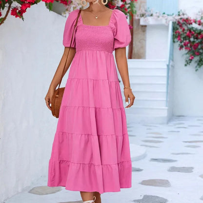 2023 Factory Wholesale Summer Women's Solid Color Short Puff Sleeve High-Waist Dress Lady's Square Collar Casual Dress