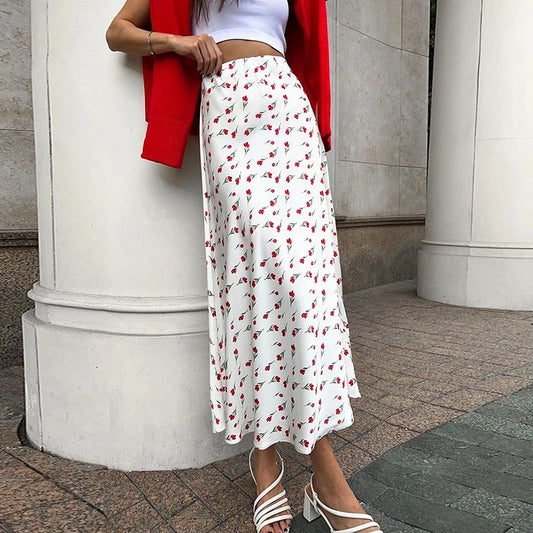 Skirts for Women Floral Printed Casual Elegant 2024 Spring Summer White Temperament Satin A-line Maxi Skirt Womans - Just The Fly Way