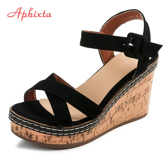 Fashionable, Bold and Beautiful DressAphixta Women's Peep Toe Buckle Sandals Platform 10cm Wedge Heel Fashion Summer Shoes Beige/Black/Green True to Size