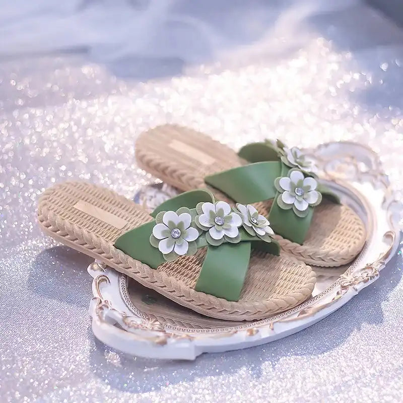 Shine On Floral Summer Slippers for Women – Stylish Non-Slip Sandals with Gold, Silver, Moissanite & Amethyst Accents - Just The Fly Way