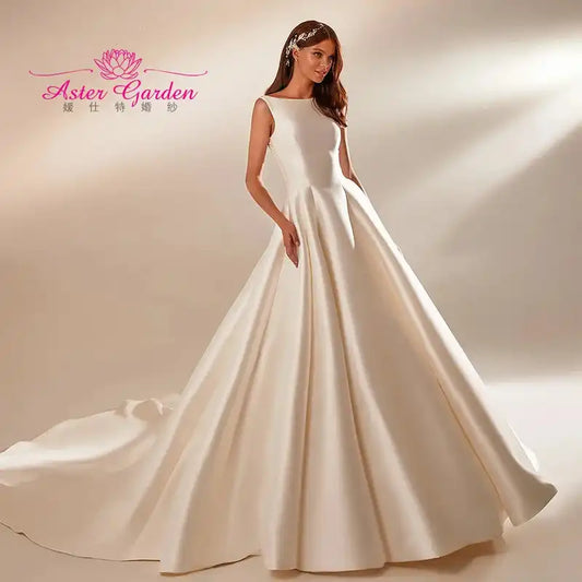 Aster Garden: Glamorous Backless Beaded A-Line Wedding Dress Sleeveless Satin Princess Bridal Gown