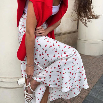 Skirts for Women Floral Printed Casual Elegant 2024 Spring Summer White Temperament Satin A-line Maxi Skirt Womans - Just The Fly Way