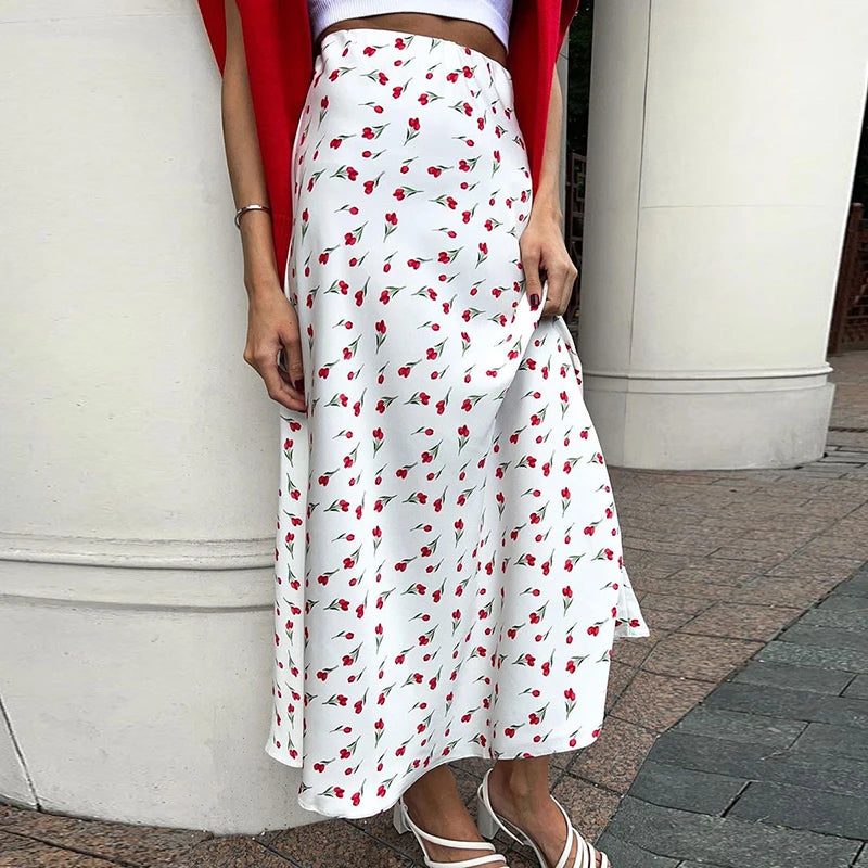 Skirts for Women Floral Printed Casual Elegant 2024 Spring Summer White Temperament Satin A-line Maxi Skirt Womans - Just The Fly Way
