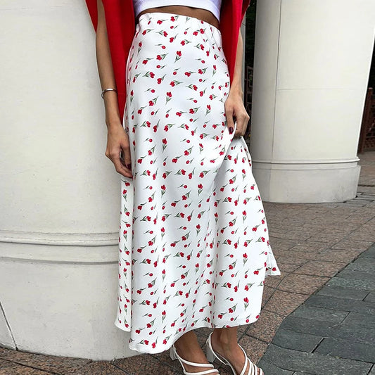 Skirts for Women Floral Printed Casual Elegant 2024 Spring Summer White Temperament Satin A-line Maxi Skirt Womans - Just The Fly Way