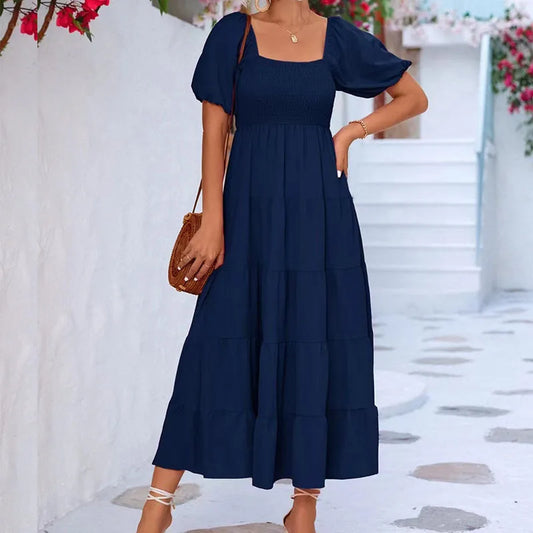 2023 Factory Wholesale Summer Women's Solid Color Short Puff Sleeve High-Waist Dress Lady's Square Collar Casual Dress