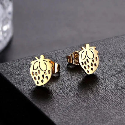 12 Pairs Lot Fruit Earrings Golden Strawberry Design Stud Earring Set Surgical Steel Children Girls Ear Jewelry Accessory Resale - Just The Fly Way