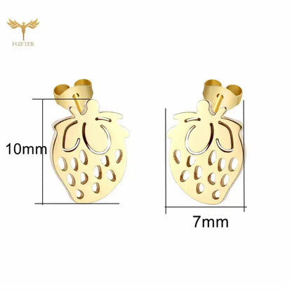 12 Pairs Lot Fruit Earrings Golden Strawberry Design Stud Earring Set Surgical Steel Children Girls Ear Jewelry Accessory Resale - Just The Fly Way