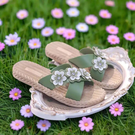 Shine On Floral Summer Slippers for Women – Stylish Non-Slip Sandals with Gold, Silver, Moissanite & Amethyst Accents - Just The Fly Way