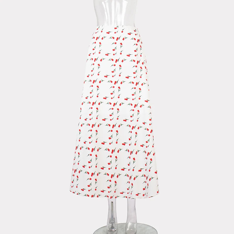 Skirts for Women Floral Printed Casual Elegant 2024 Spring Summer White Temperament Satin A-line Maxi Skirt Womans - Just The Fly Way