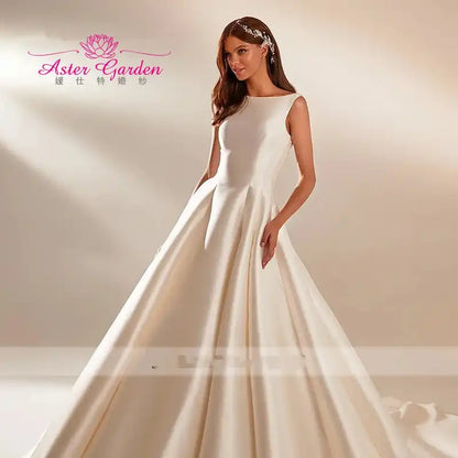Aster Garden: Glamorous Backless Beaded A-Line Wedding Dress Sleeveless Satin Princess Bridal Gown