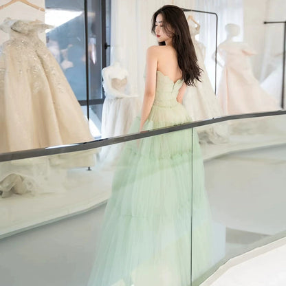 Green Tube Top Mori Style Evening Dress Female Classy Light Luxury Minority Host Birthday Adult Ceremony Princess Dress Light Wedding Dress