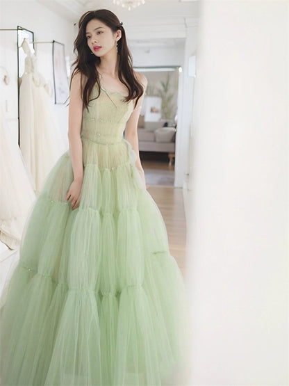 Green Tube Top Mori Style Evening Dress Female Classy Light Luxury Minority Host Birthday Adult Ceremony Princess Dress Light Wedding Dress
