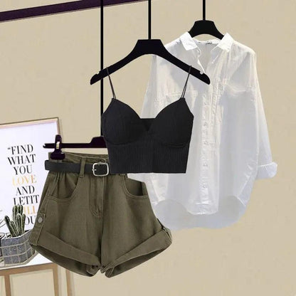 Women's Matching Three Piece Set, Shirt, High Waist Shorts Set - Just The Fly Way