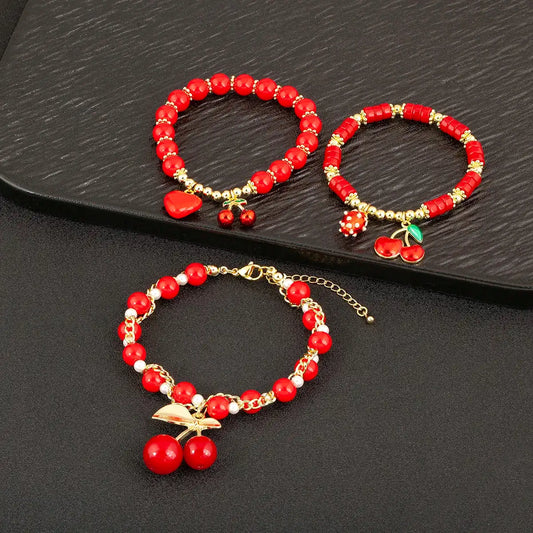 Cherry and Heart Red Beaded Chain Bracelet in 3 Fashion Styles – Trendy Jewelry - Just The Fly Way