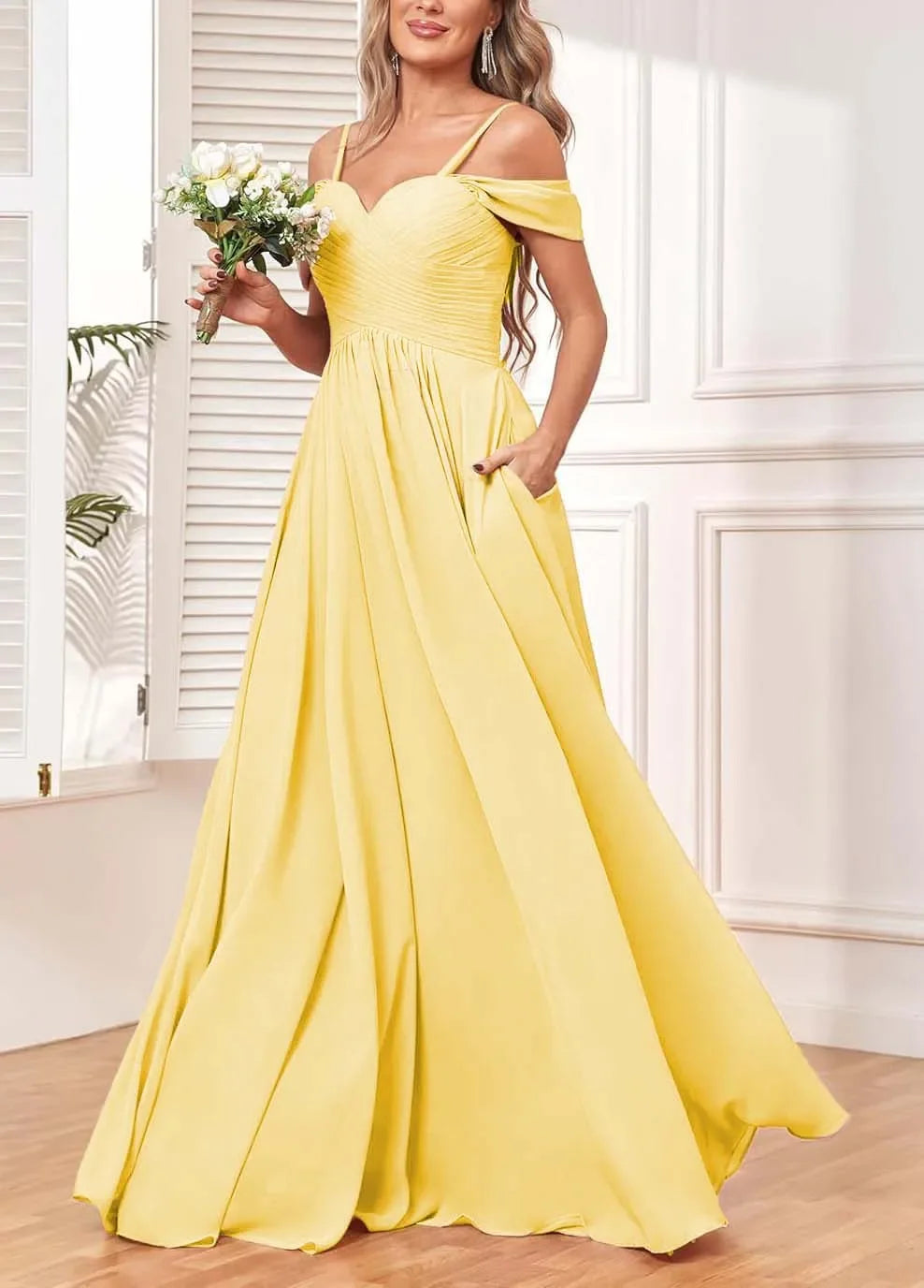 Off The Shoulder, Formal Chiffon Pleated Formal Long Length Evening Gown Customizable - Just The Fly Way