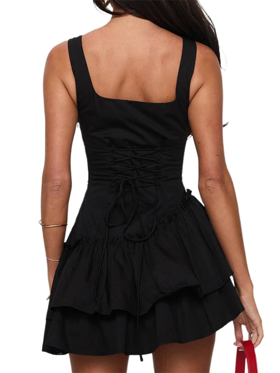 Elegant V-Neck Sleeveless Pleated Tie-Waist Solid Color A-Line Dress Women s Backless Summer Mini Slip Dress - Just The Fly Way