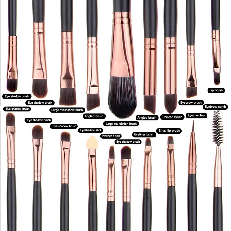 Set of makeup brushes with rose gold ferrules on a white background